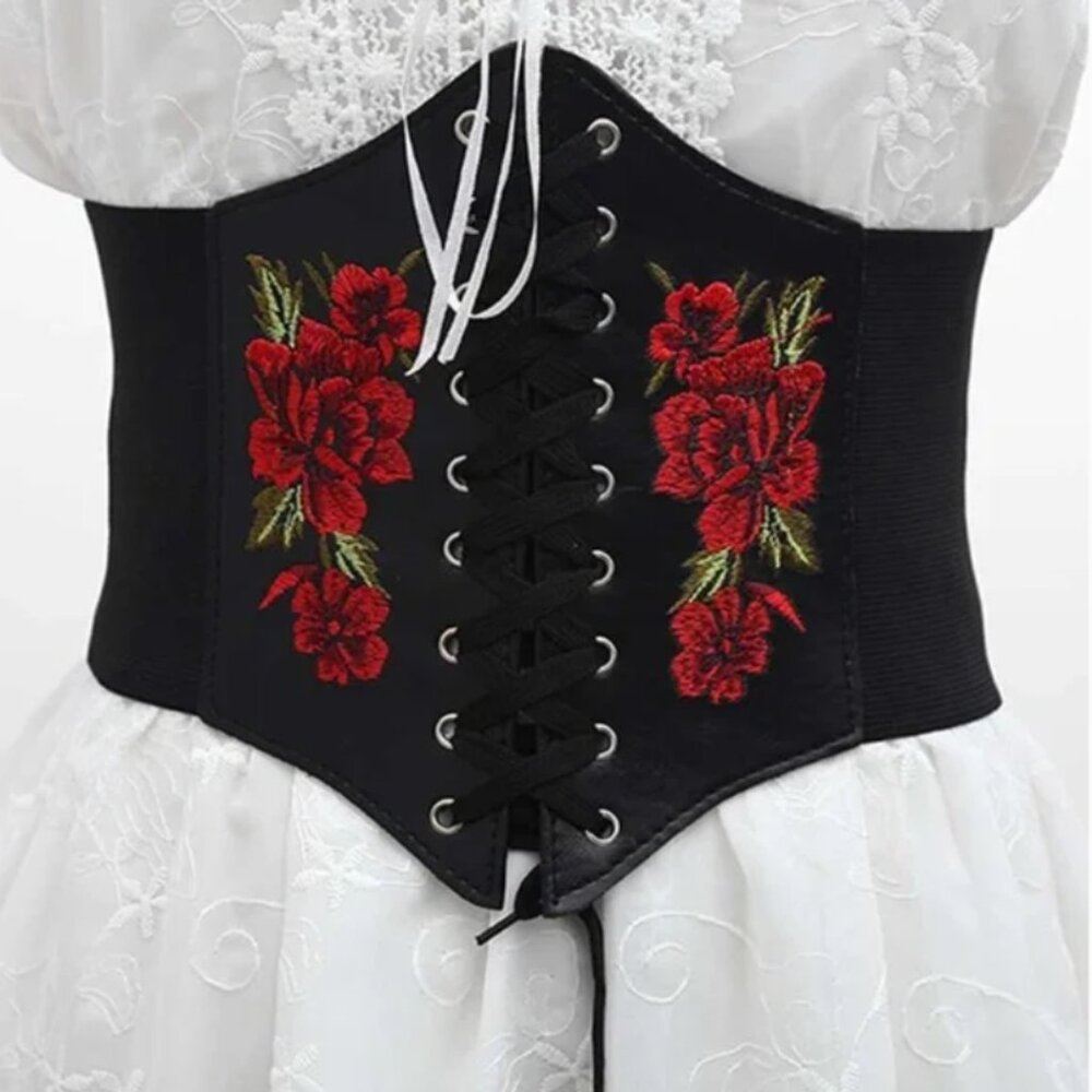 Flower Embroidery Wide Belt Corset Belt